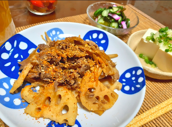 牛肉とレンコンの甘辛炒め🌶️
