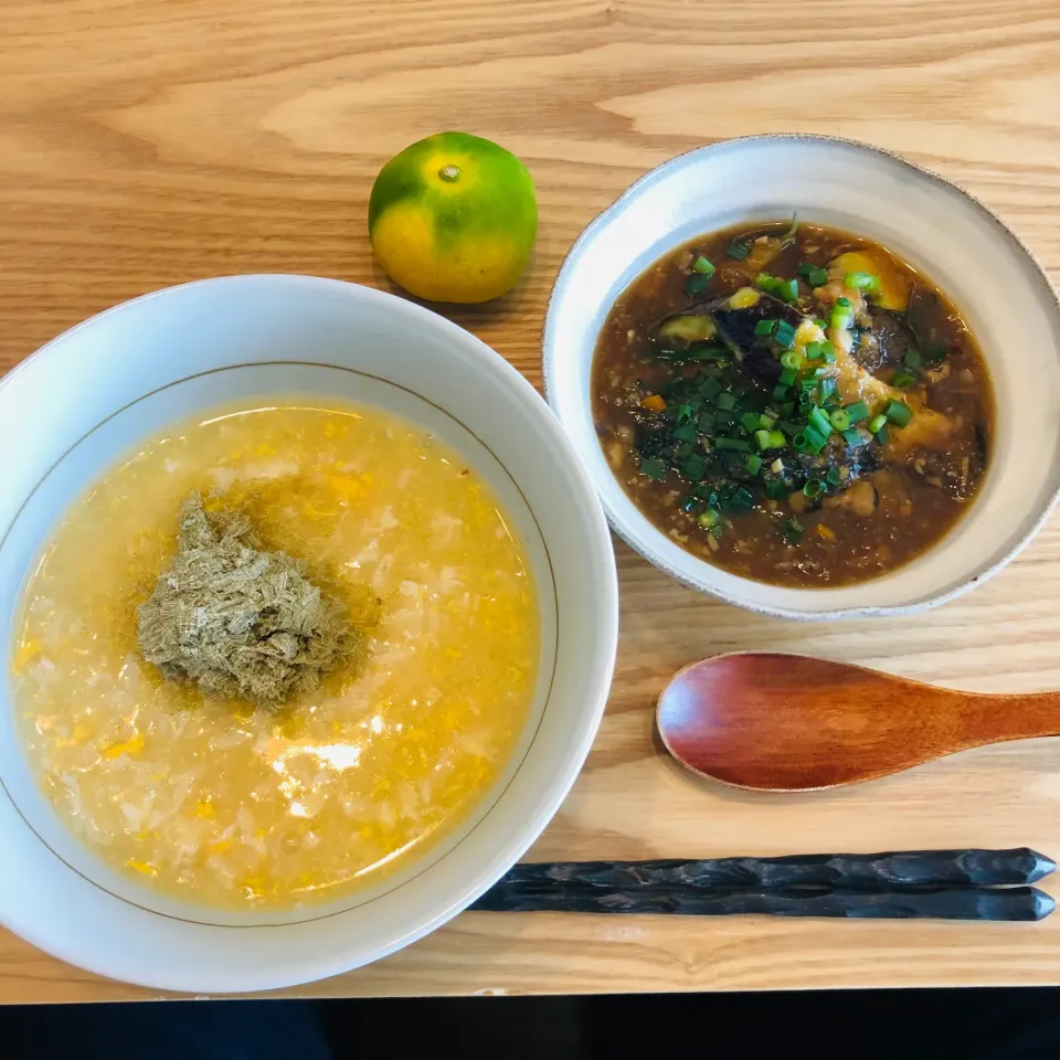 茄子の鶏そぼろ餡かけと、玉子お粥|Jean Nobyさん