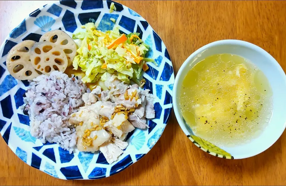 2022 0911　チキンライスジンジャー甘醤油　　れんこんの焼き浸し　キャベツとカラーピーマンのカレーマヨサラダ　卵スープ|いもこ。さん