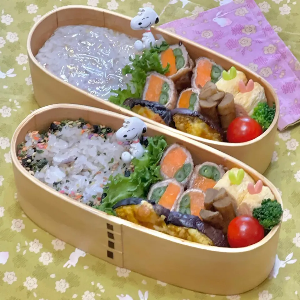 人参・インゲンの豚ロール照り焼き☘️の双子ちやんお弁当💙❤️ 9/13火|sweet homeさん