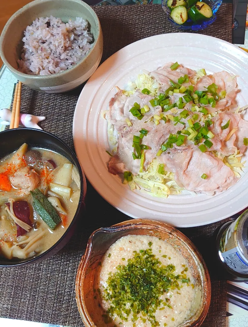 とろろ汁と豚汁で夕ご飯🍴|ポチさん