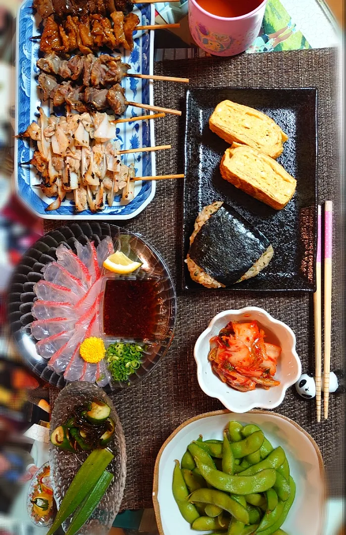 金目鯛刺身、焼鳥……居酒屋風夕ご飯🍴|ポチさん