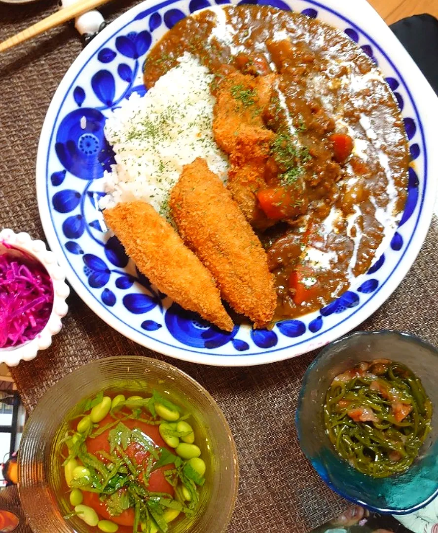 アジフライ、鶏唐揚のせてカレーライスで夕ご飯🍴|ポチさん