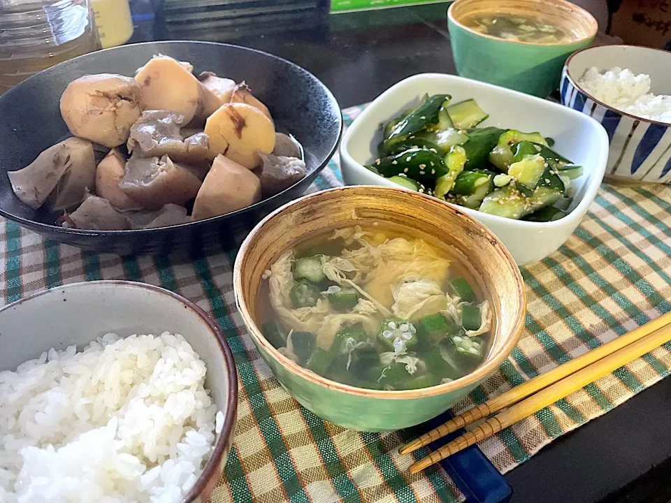 晩ごはん★里芋とこんにゃくの煮物、塩ダレきゅうり、オクラのとろみスープ、ごはん|ハルさん