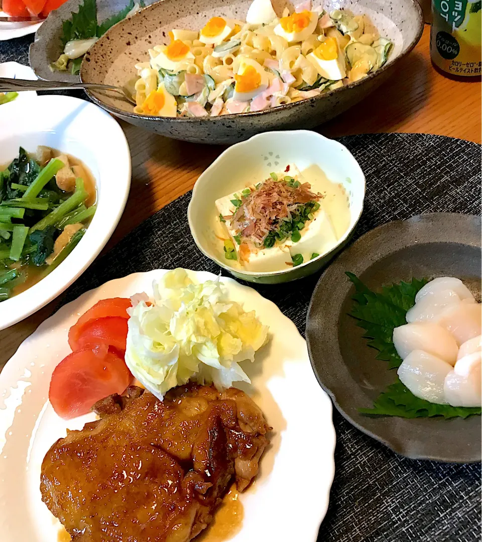 照り焼きチキン、マカロニサラダ、小松菜煮浸し|sobacoさん