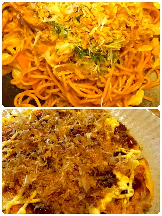 Snapdishの料理写真:'22．9/16
きのうの焼きそばきょうのお好み焼き😋|たえさん