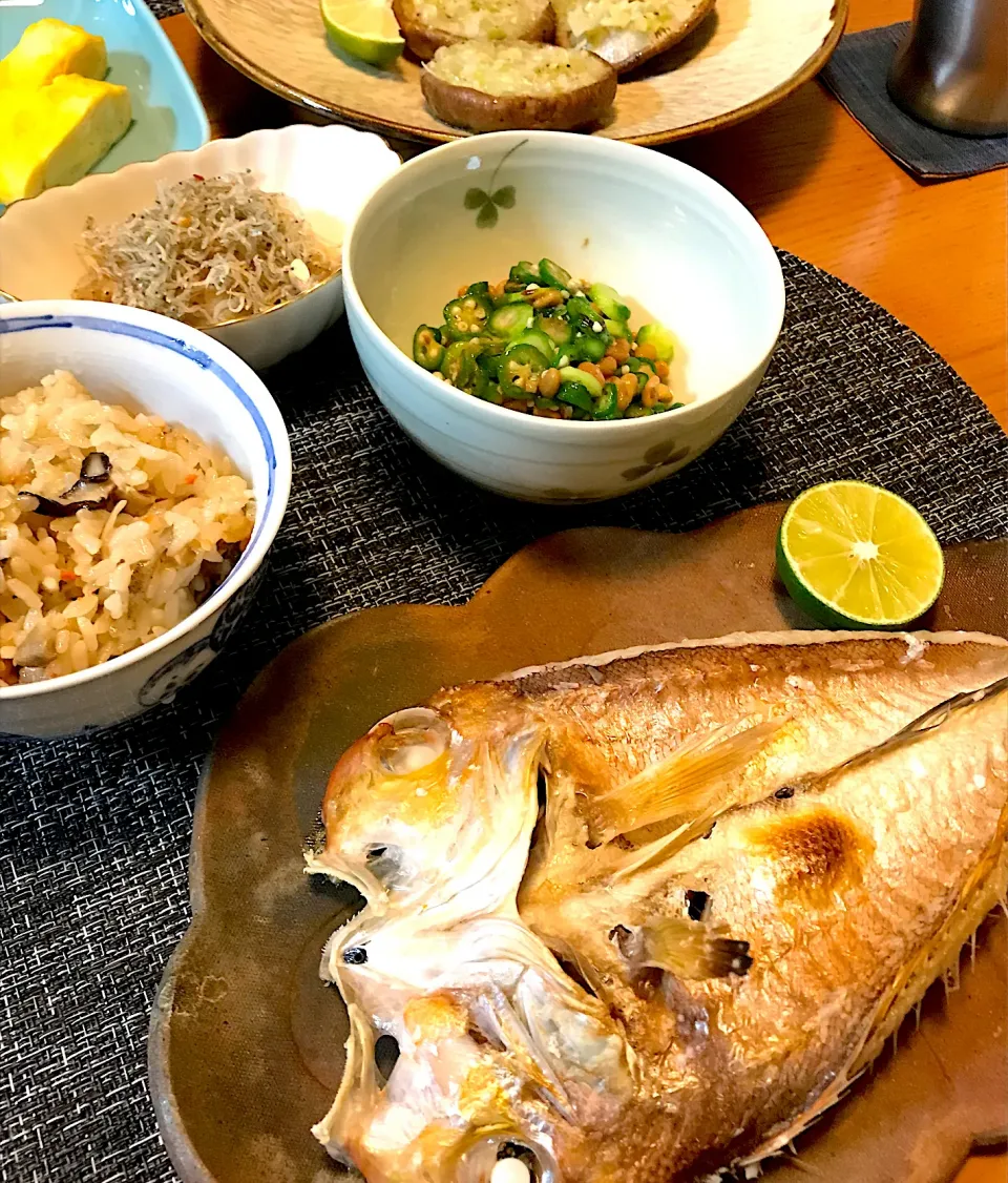 甘鯛塩焼き、丸オクラ納豆和え、だし巻きたまご、ねぎ塩椎茸|sobacoさん