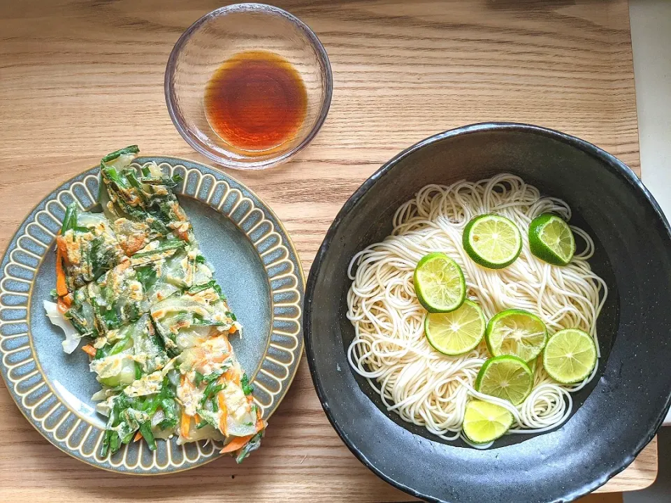 すだちの素麺、チヂミ|しょこらさん