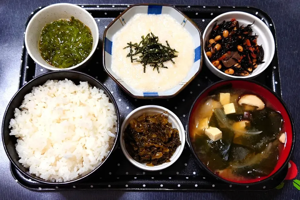 今日の朝ごはん（福井県産いちほまれにひじきに、長芋のとろろ、めかぶポン酢、みそ汁（具材は玉ねぎ・椎茸・豆腐・わかめ）、辛子高菜）|Mars＠釜飯作り研究中さん