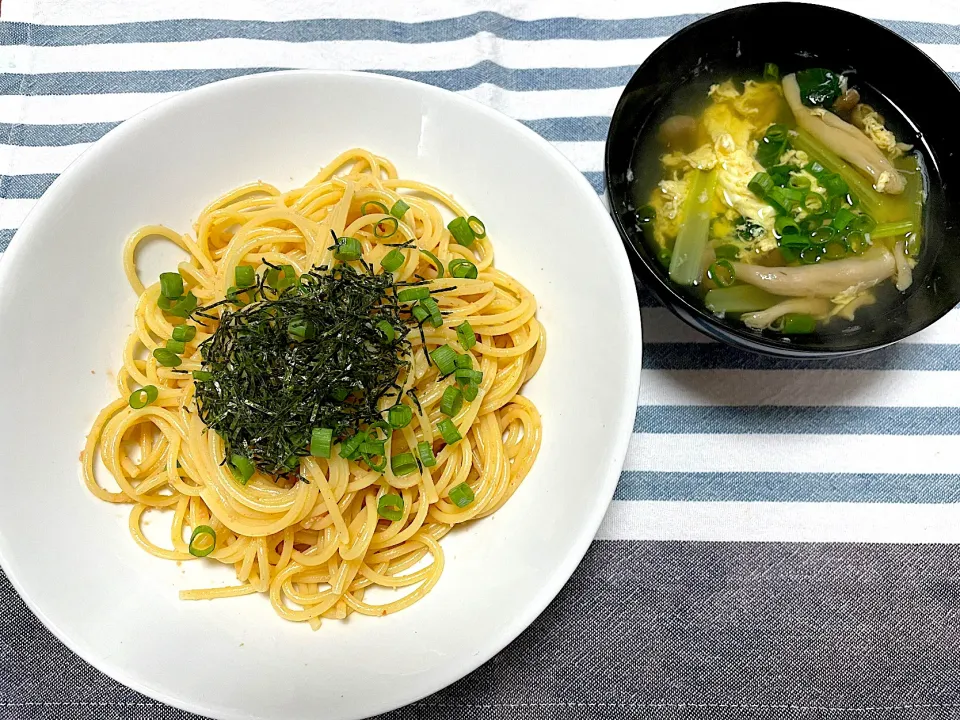 たらこパスタ、きのこ小松菜卵のお吸い物|jackybeanさん