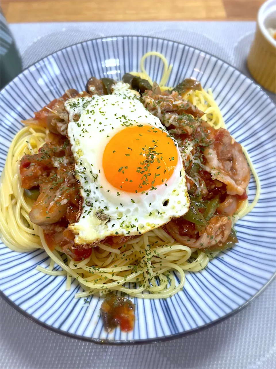 茄子とピーマンと豚こま肉の甘辛炒め→トマト仕立てでパスタソース！|morimi32さん