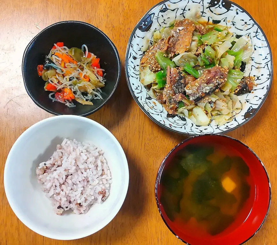 Snapdishの料理写真:2022 0916　さんまの蒲焼缶のごまキャベツ和え　春雨サラダ　豆腐とわかめのお味噌汁|いもこ。さん