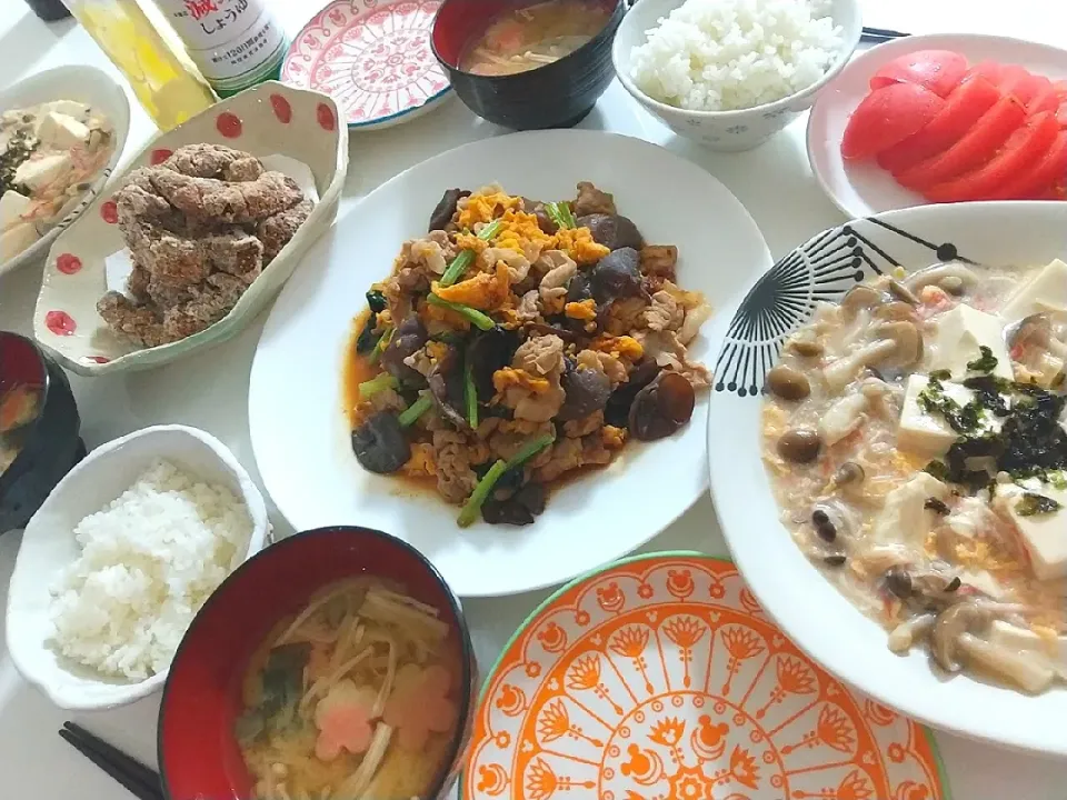 夕食(*^^*)
豆腐のきのこの卵あんかけ
豚肉とキクラゲと野菜卵炒め
サバ唐揚げ
トマト
お味噌汁(えのき、ワカメ、花麩)|プリン☆さん