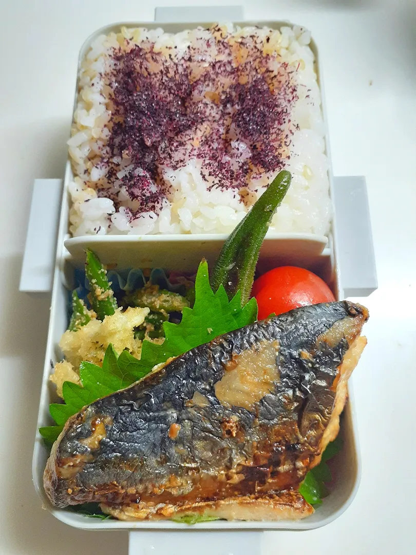 ☆中学生弁当☆玄米入りゆかりごはん、野菜煮浸し(茄子、ピーマン、オクラ、トマト)、いんげんごま和え、竹輪フライ、大葉、鰆味噌焼き|ｼｮｺﾗさん