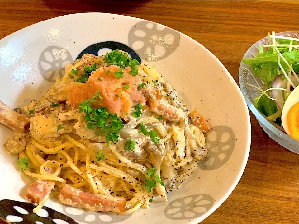 舞茸とベーコンの明太子クリームパスタ|ふくすけ食堂さん