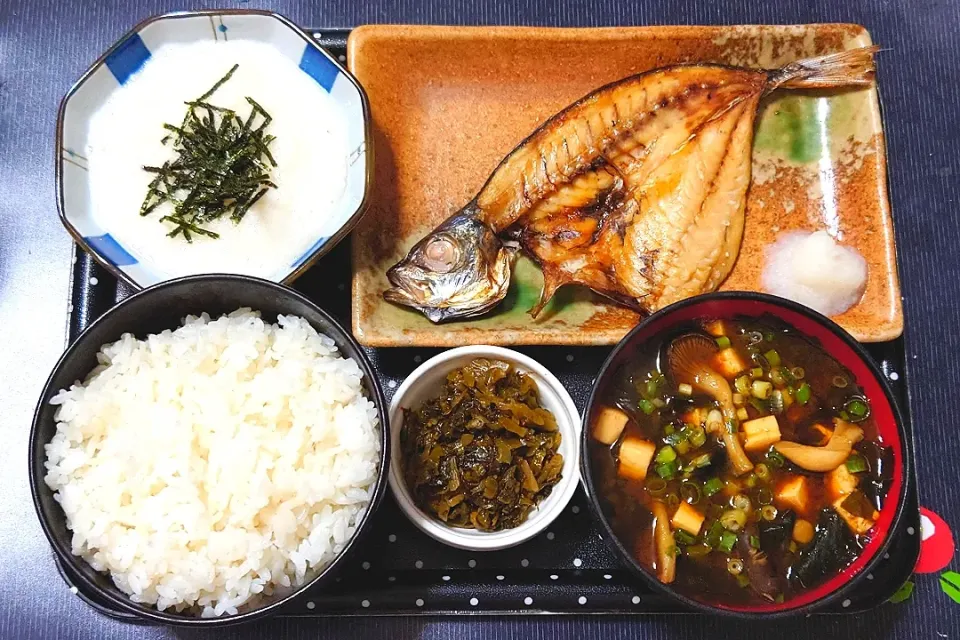 Snapdishの料理写真:今日の朝ごはん（福井県産いちほまれにアジの開き、長芋のとろろ、赤だしのみそ汁（具材は平茸・豆腐・わかめ）、辛子高菜）|Mars＠釜飯作り研究中さん