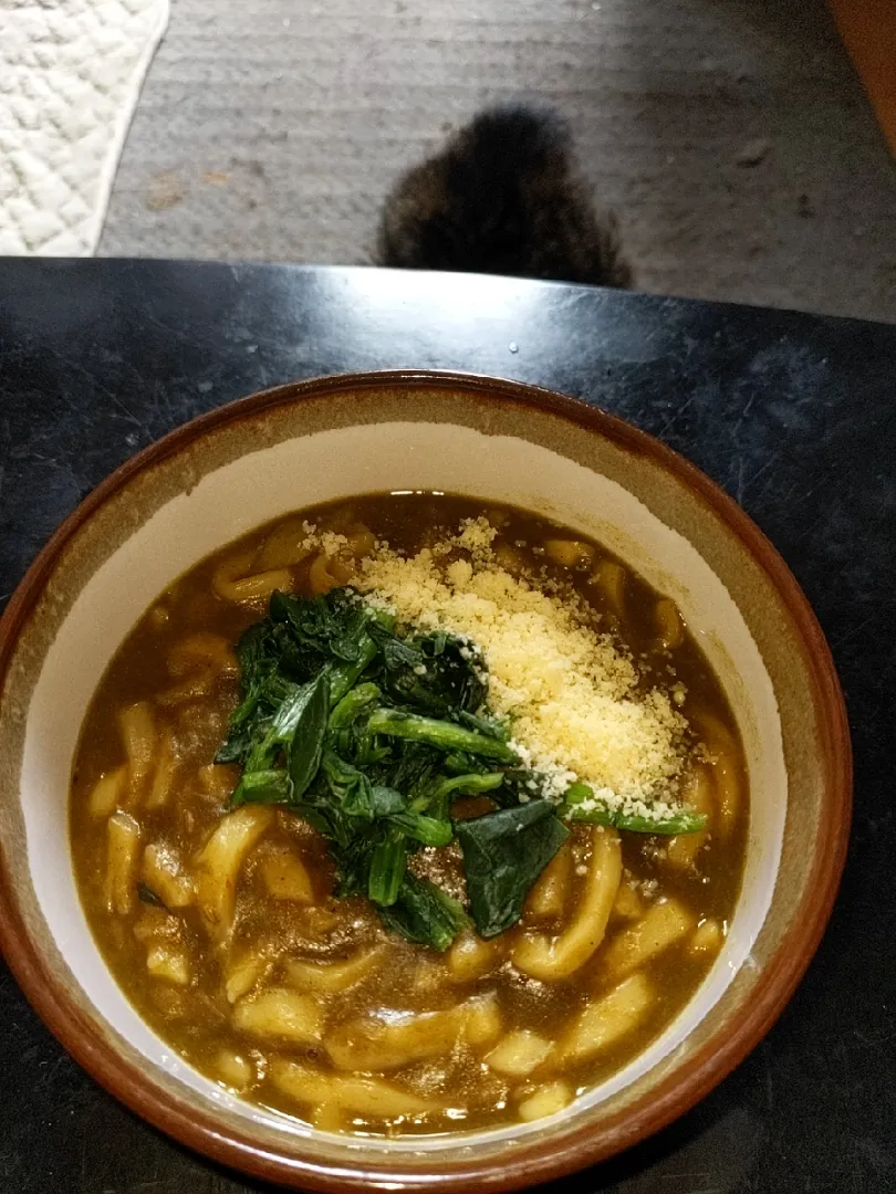 Snapdishの料理写真:夜勤明けスパイシーほうれん草カレーうどん・粉チーズとほうれん草トッピング|Tarou  Masayukiさん