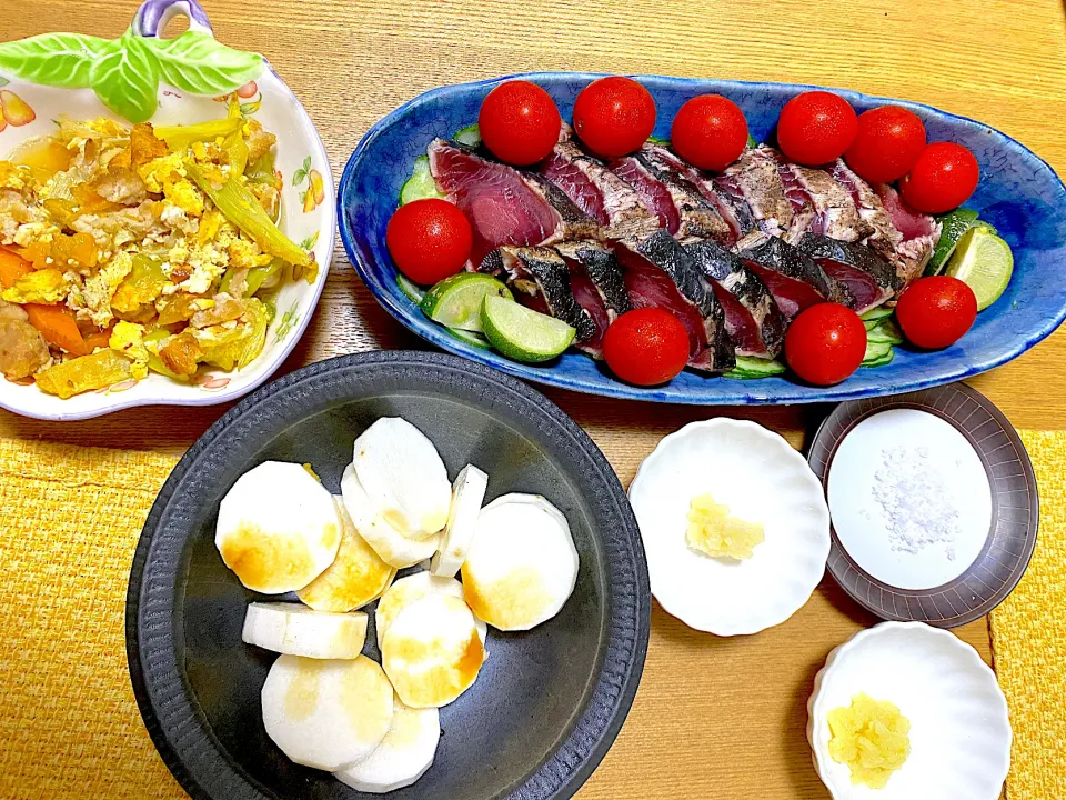 ふるさと納税🐟鰹のわら焼き❤️、ゴーヤとネギのたまご炒め🥚、長芋|1614さん