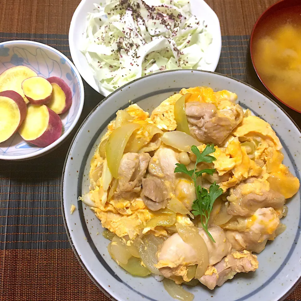 2022/09/21 鶏もも&めんみ親子丼、ゆかりキャベツ、丹波シルクスイート蒸し|kykyさん