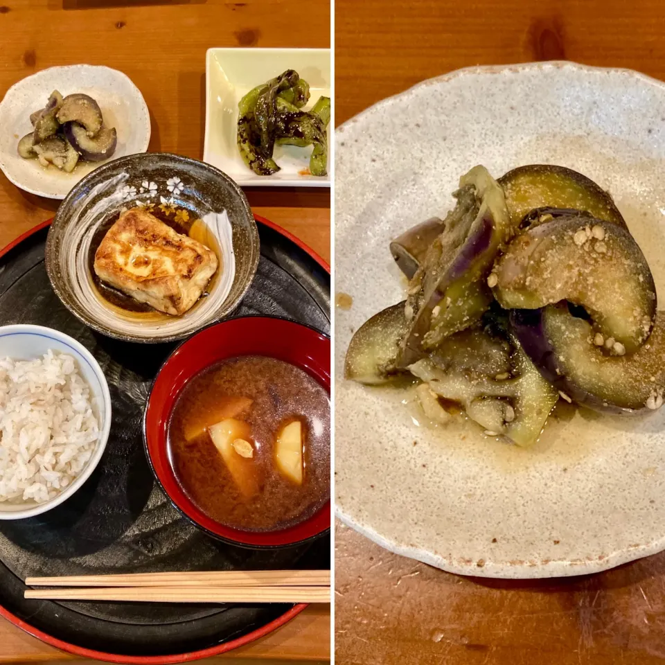 Snapdishの料理写真:精進料理　一汁三菜^o^家庭で作れるおばんざい　ナスの胡麻和え|ドルフの美味しい家庭料理さん