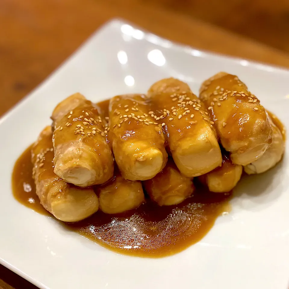 Snapdishの料理写真:絹豆腐の肉巻き☆照り焼き風☺︎|まめすけ。さん