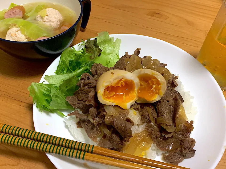 牛丼withポトフ風スープ|プリンさん