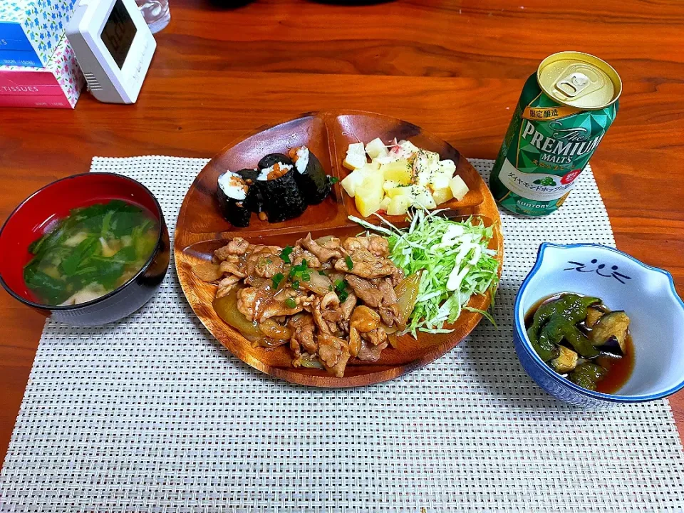 生姜焼き、なすししとう揚げ浸し、納豆巻き、ベーコンポテトチーズ|ねねパパさん