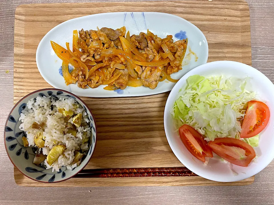 炒り豚、サラダ、栗ご飯|aaaさん