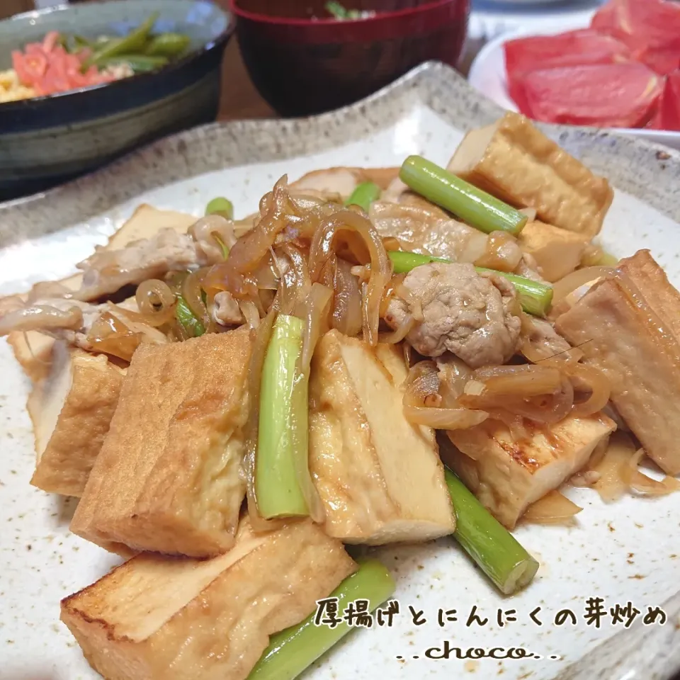 fumfumさんのお料理！
厚揚げとにんにくの芽の炒め物！|ちょこさん