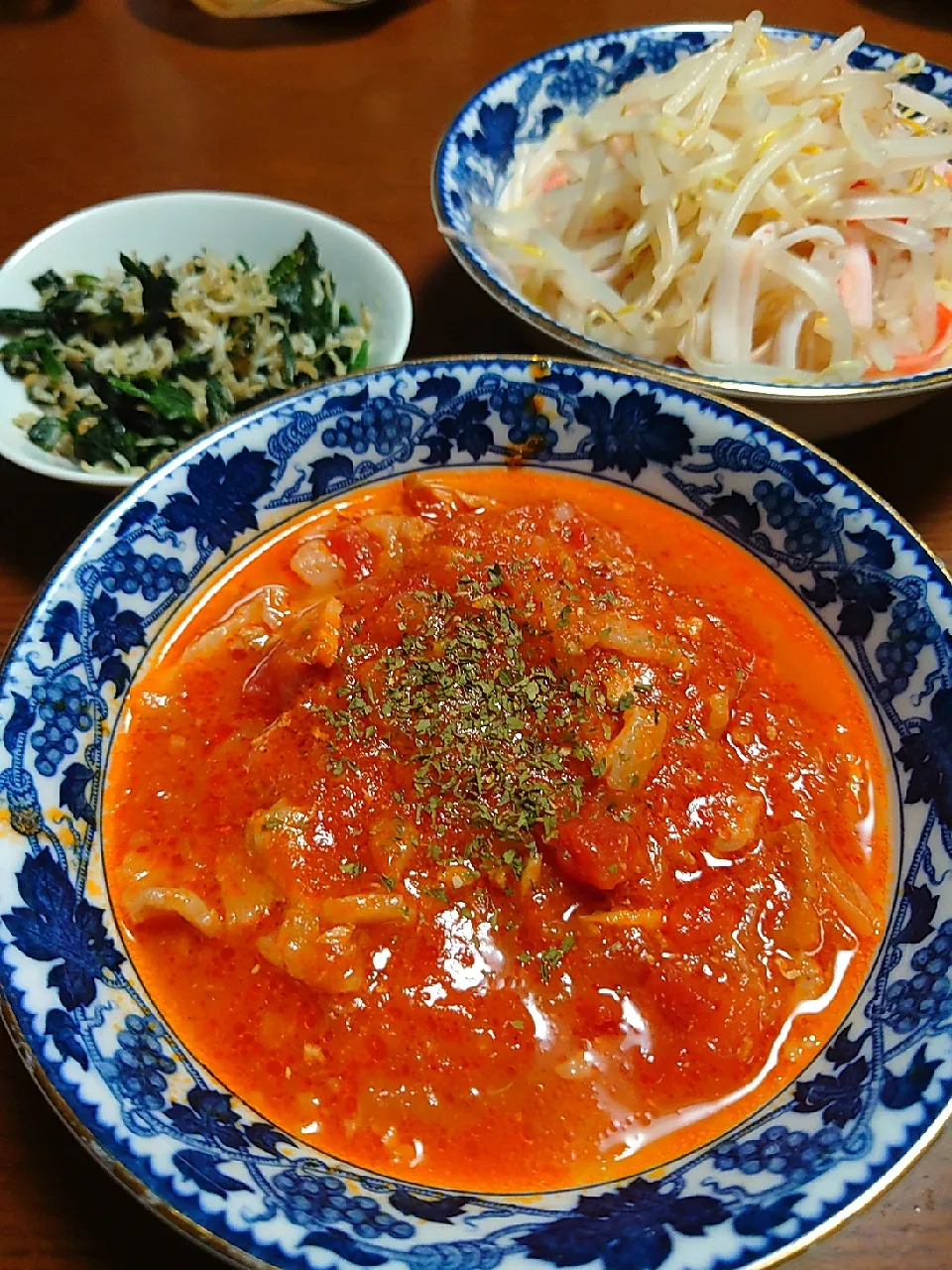 豚肉のトマト煮
もやしサラダ
ほうれん草とシラス炒め|ぱやさん