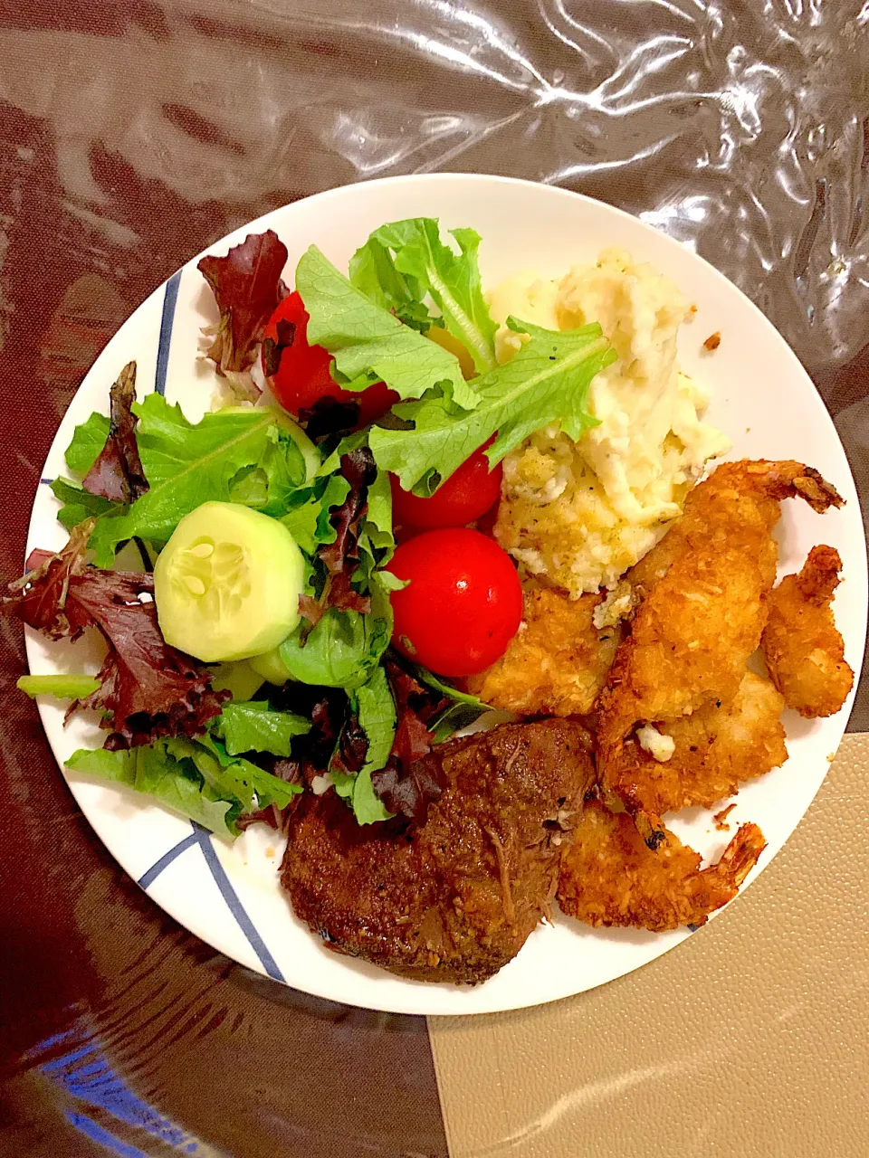 Snapdishの料理写真:teriyaki steak garlic mashed potatoes salad and coconut shrimp|Kareem Boogieさん