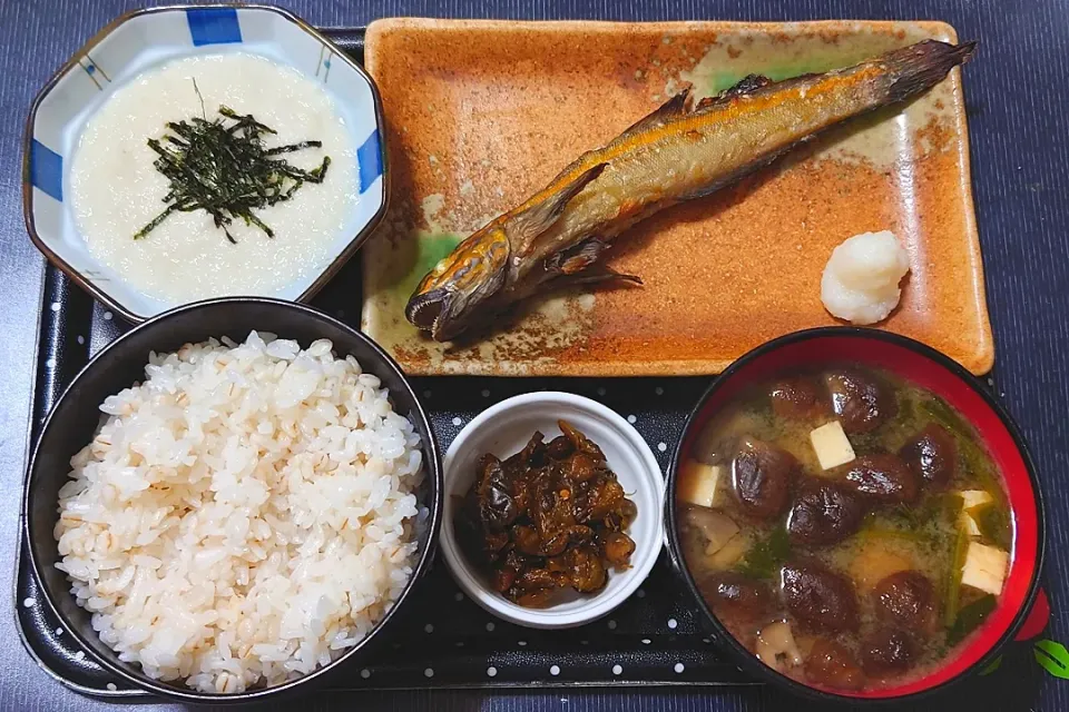 Snapdishの料理写真:今日の昼ご飯（押麦ごはんにニシキハゼの塩焼き、長芋のとろろ、椎茸とほうれん草のみそ汁、葉唐きゅうり）|Mars＠釜飯作り研究中さん