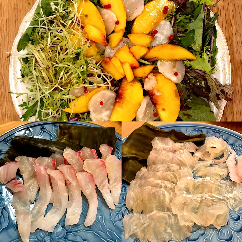 Snapdishの料理写真:週末居酒屋night🥳 ホタテのカルパッチョ、ヒラメと真鯛の昆布締め⛴ (旦那作🤭)|BUBUさん