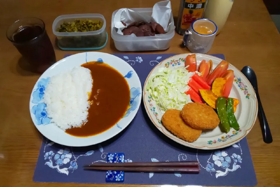 コロッケ&素揚げトッピングのカレーライス(夕飯)|enarinさん