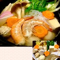 鶏団子•海老でアッサリと                       一人「愛媛風？芋だき鍋」                            (お箸でつまめる絹豆腐)