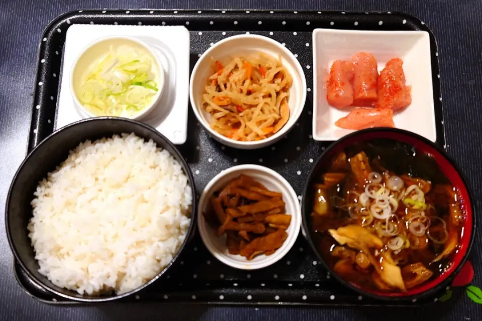 今日の朝ごはん（辛子明太子、切り干し大根、納豆、舞茸のみそ汁、割干し大根漬）|Mars＠釜飯作り研究中さん