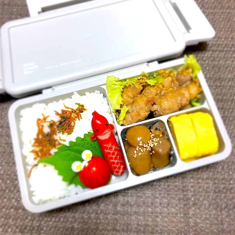 Snapdishの料理写真:SJK弁当🍱〜えのき豚バラ巻きバター醤油・玉子焼き・里芋煮・ソーセー人|華恋さん