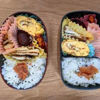 Snapdishの料理写真:干しカレイ、焼き明太子、卵焼き、しめじとちくわの照り焼き、栗の渋皮煮|しょこらさん