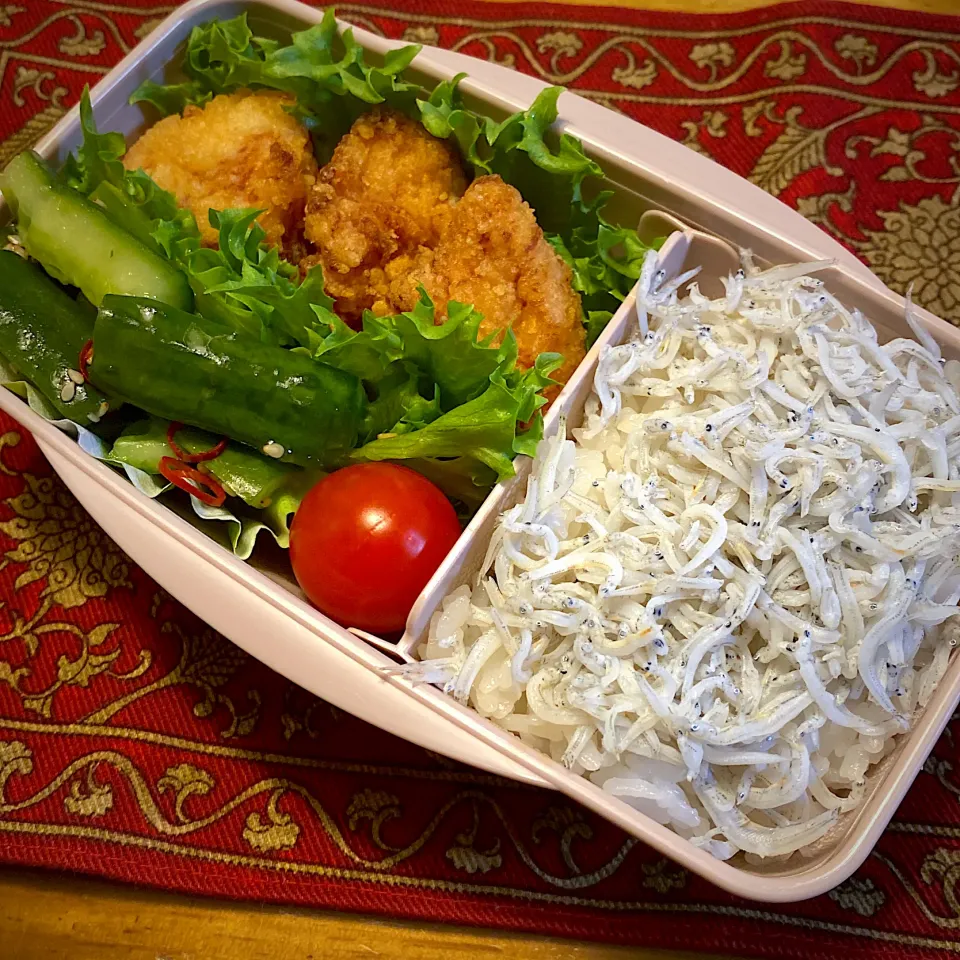 鶏の唐揚げと、ピリ辛胡瓜と、プチトマトと、釜揚げしらすご飯弁当|もえさん