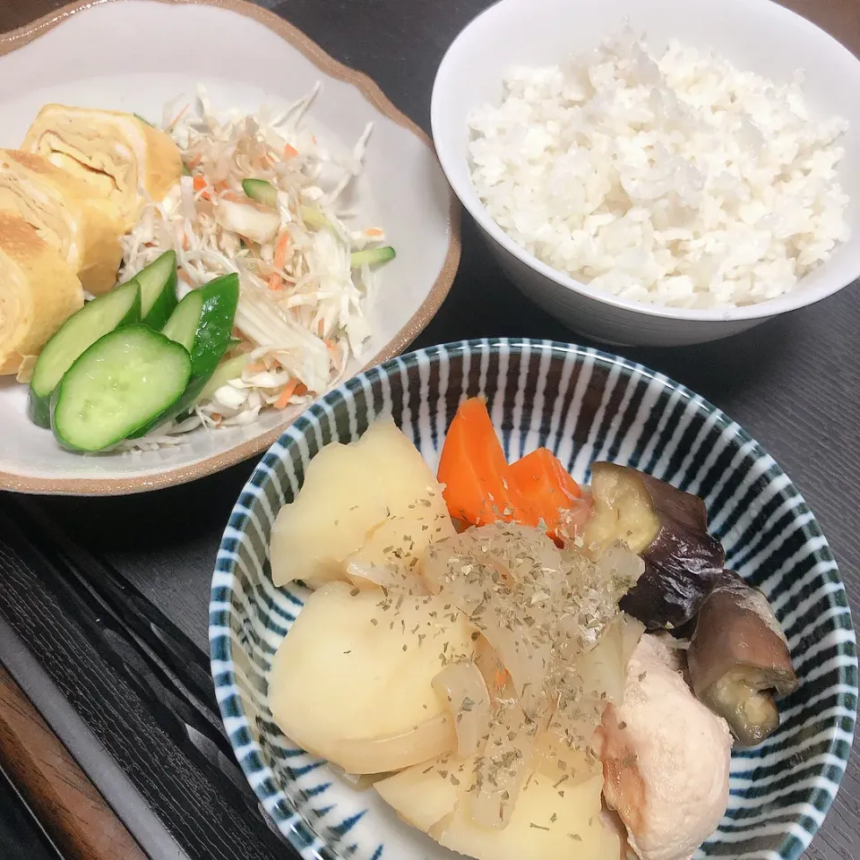 卵焼きと白子と乱切り野菜の煮物|まちゃさん