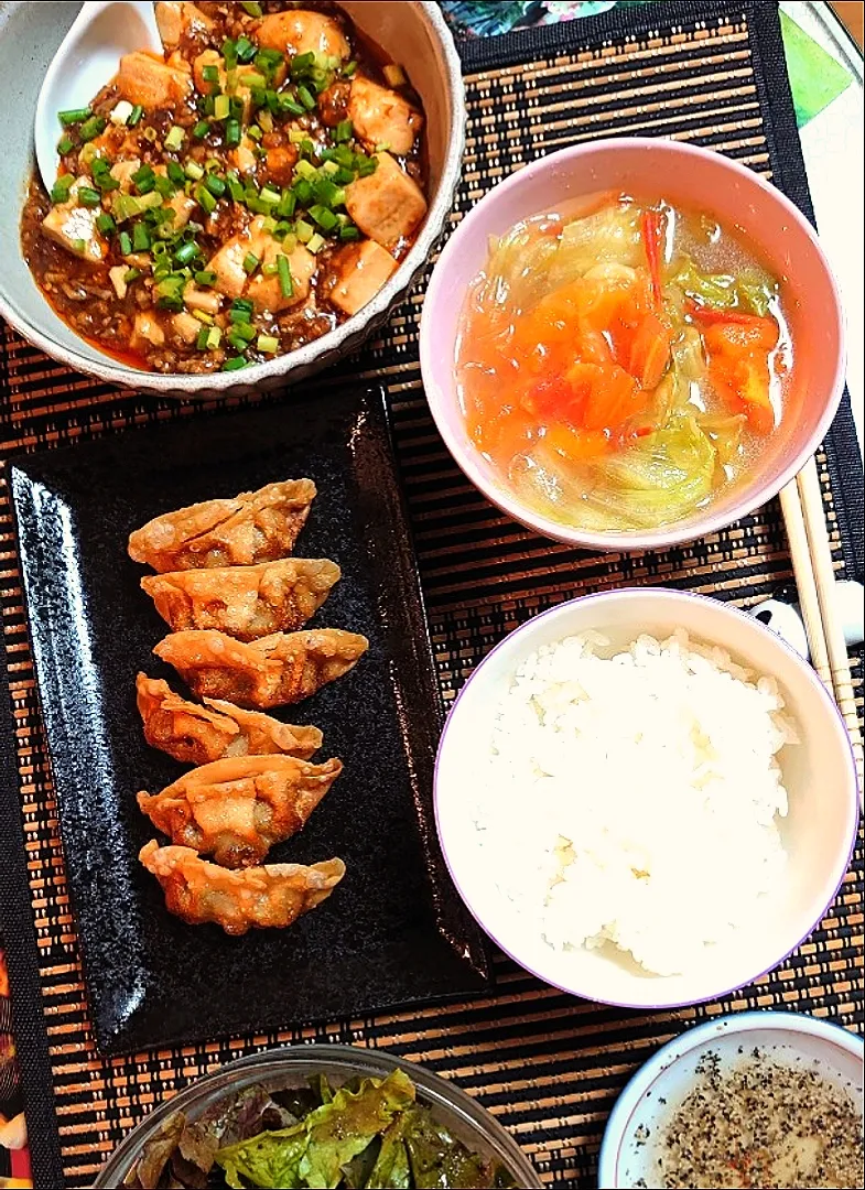 麻婆豆腐と餃子で夕ご飯🍴|ポチさん