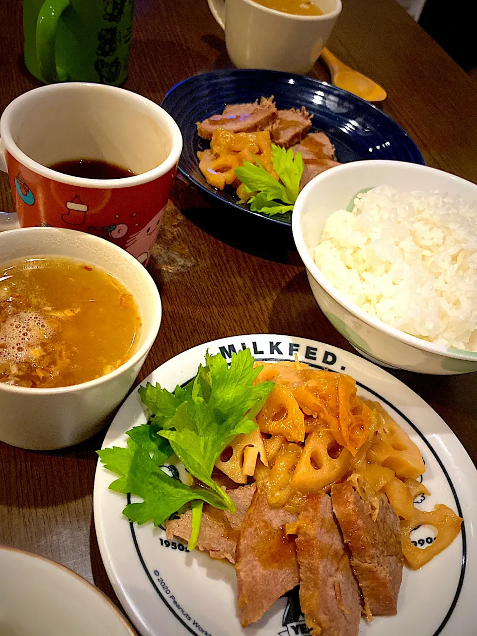 ローストビーフ　蓮根煮　オニオングラタンスープ　コーヒー|ch＊K*∀o(^^*)♪さん