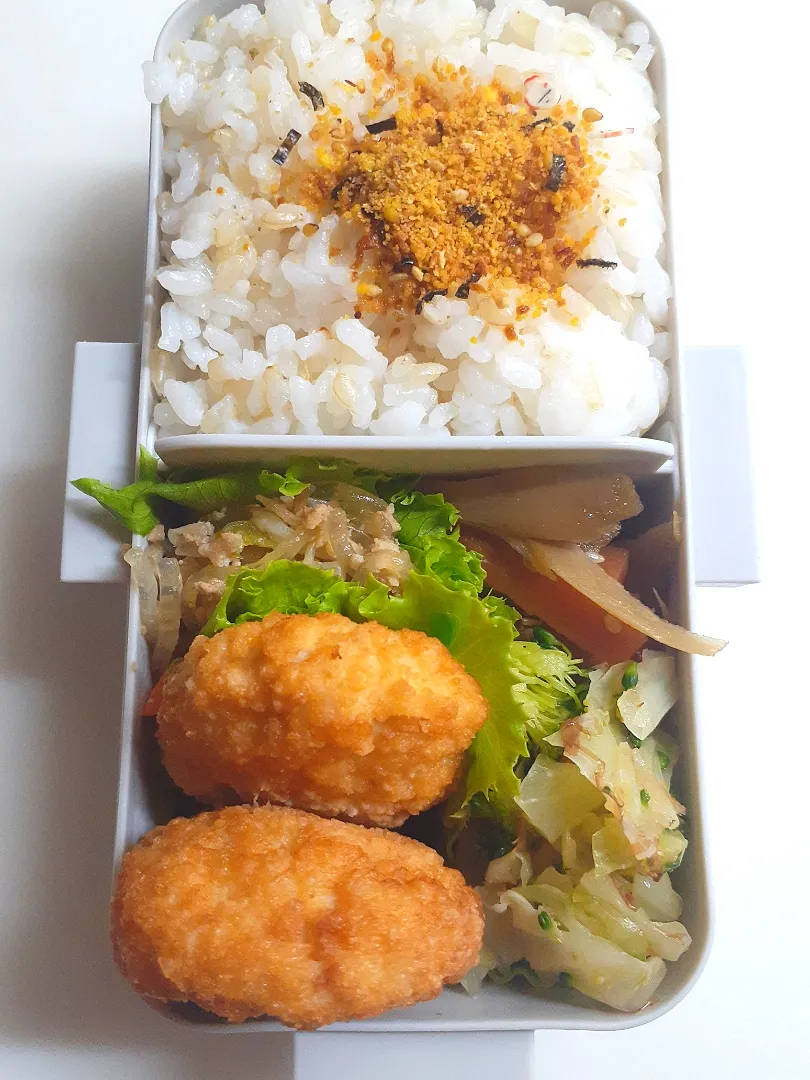 Snapdishの料理写真:☆中学生弁当☆玄米入り振りかけごはん、金平牛蒡、キャベツブロッコリーオカカ和え、チャプチェ、豆腐入りチキンナゲット|ｼｮｺﾗさん