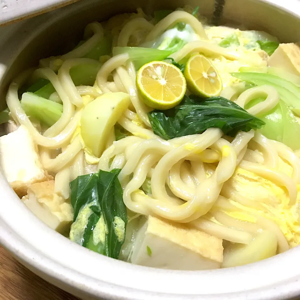 Snapdishの料理写真:2022/10/07 今年初土鍋料理 鶏ジャガ煮込みうどん|kykyさん