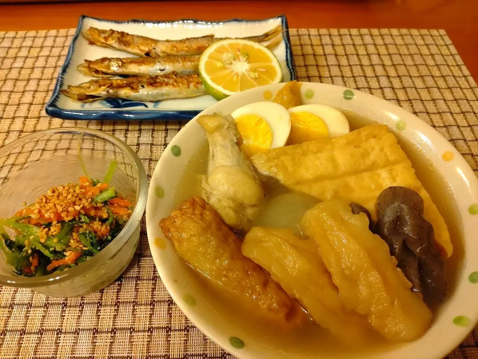 Snapdishの料理写真:☆おでん
☆焼きししゃも
☆ゴマ和え|chikakoさん