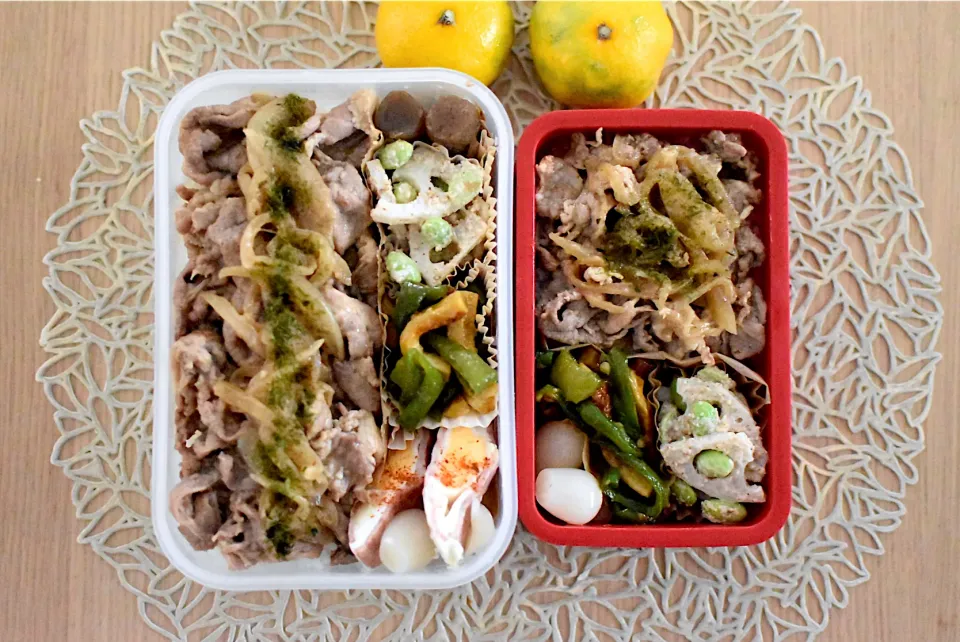 Snapdishの料理写真:娘弁当&自分弁当『生姜焼き弁当』|dra-kichiさん