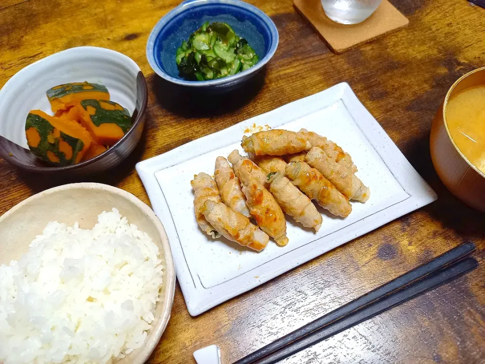 ・梅しそ豚巻き
・かぼちゃの煮物
・きゅうりの酢の物
・大根と揚げのみそ汁|ちりさん