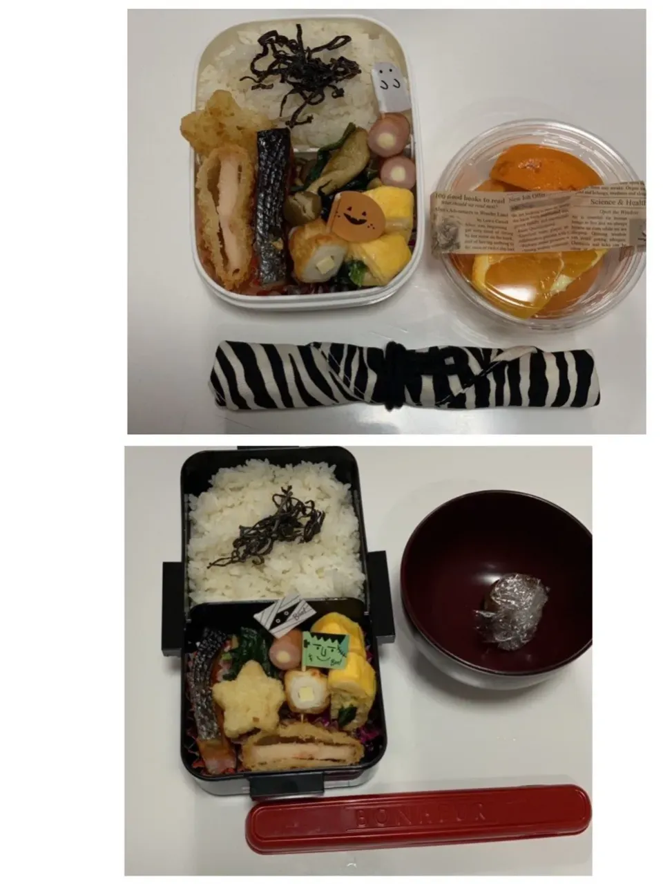 パパ弁と次男弁当。パパ弁はみそ汁付き次男はデザート付き☆海老カツ☆星型ポテト☆チーズinウインナー☆チーちく☆ほうれん草としめじのカレーマヨ炒め☆ほうれん草入り卵焼き☆鮭|Saharaさん