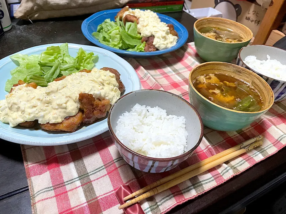 晩ごはん★チキン南蛮、レタスと卵のスープ|ハルさん