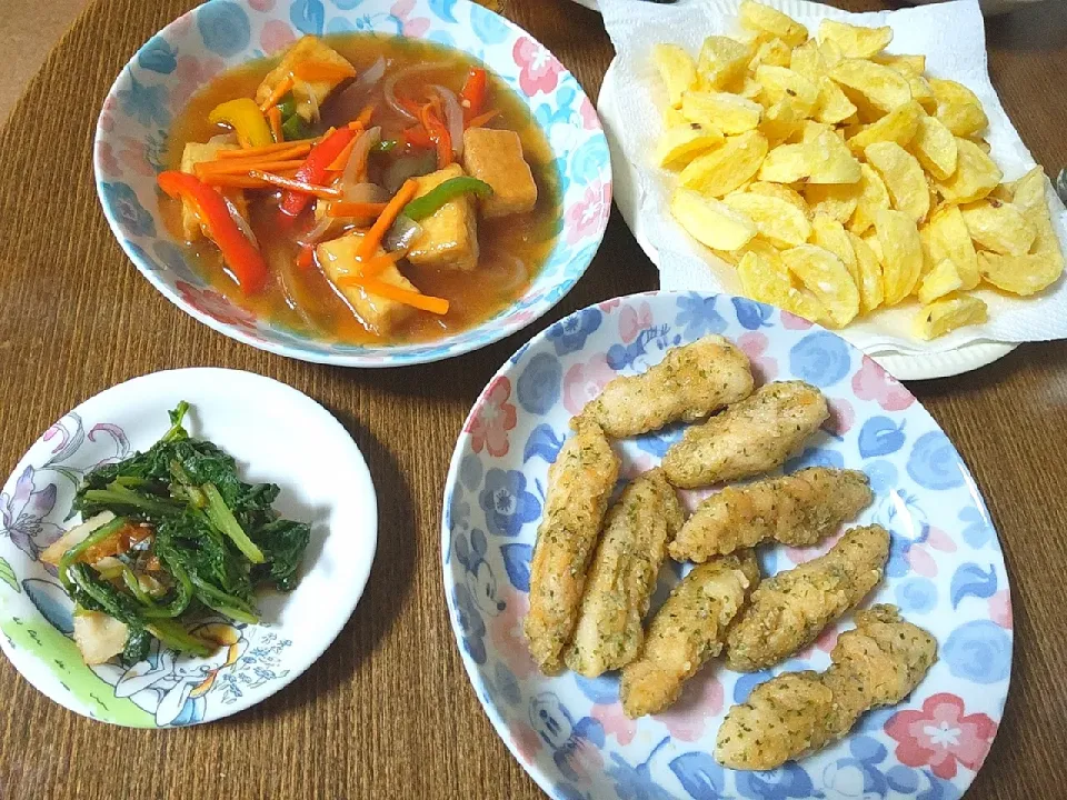 フライドポテト
厚揚げの野菜あんかけ
抜き菜とちくわのゴマ和え
ささみのりフライ|尚さん